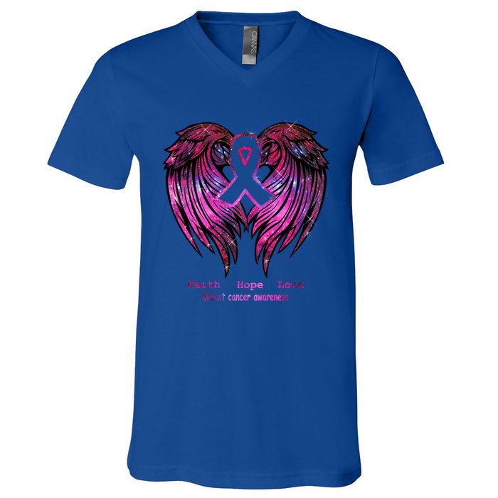 Breast Cancer Faith Hope Love Wings Great Gift Awareness (Back) Funny Gift V-Neck T-Shirt