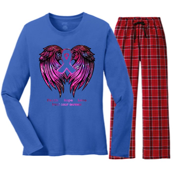 Breast Cancer Faith Hope Love Wings Great Gift Awareness (Back) Funny Gift Women's Long Sleeve Flannel Pajama Set 