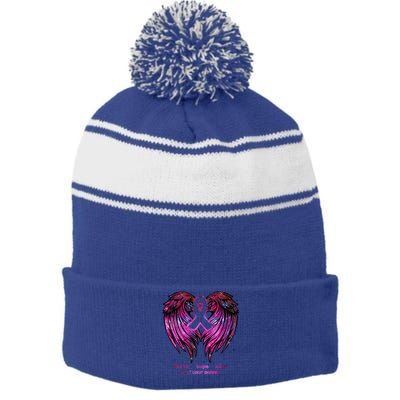 Breast Cancer Faith Hope Love Wings Great Gift Awareness (Back) Funny Gift Stripe Pom Pom Beanie