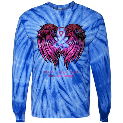 Breast Cancer Faith Hope Love Wings Great Gift Awareness (Back) Funny Gift Tie-Dye Long Sleeve Shirt