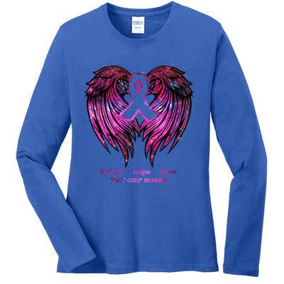 Breast Cancer Faith Hope Love Wings Great Gift Awareness (Back) Funny Gift Ladies Long Sleeve Shirt