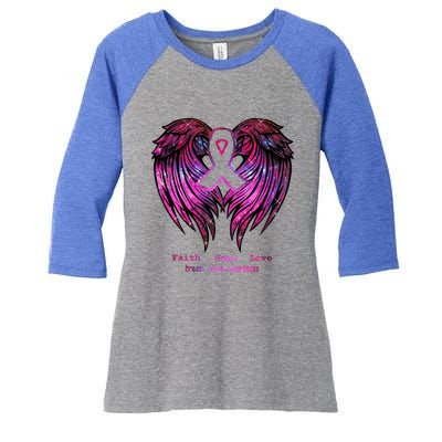 Breast Cancer Faith Hope Love Wings Great Gift Awareness (Back) Funny Gift Women's Tri-Blend 3/4-Sleeve Raglan Shirt