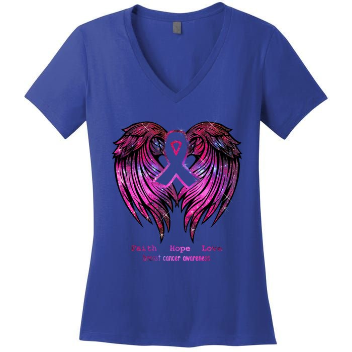 Breast Cancer Faith Hope Love Wings Great Gift Awareness (Back) Funny Gift Women's V-Neck T-Shirt