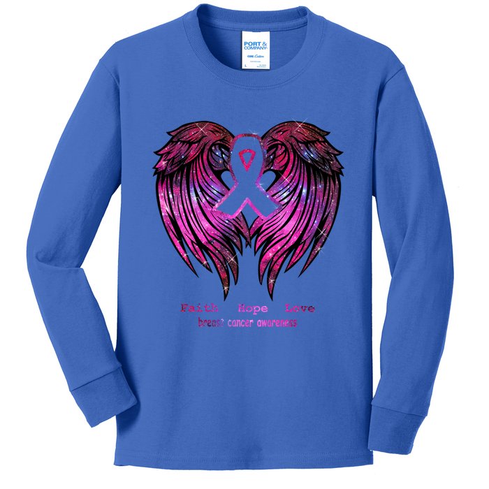 Breast Cancer Faith Hope Love Wings Great Gift Awareness (Back) Funny Gift Kids Long Sleeve Shirt