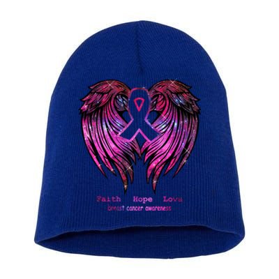 Breast Cancer Faith Hope Love Wings Great Gift Awareness (Back) Funny Gift Short Acrylic Beanie