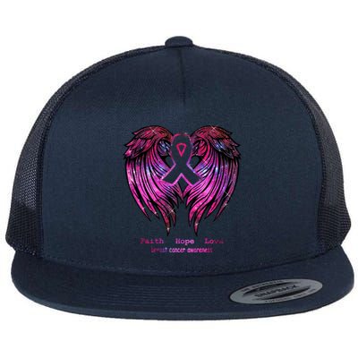 Breast Cancer Faith Hope Love Wings Great Gift Awareness (Back) Funny Gift Flat Bill Trucker Hat