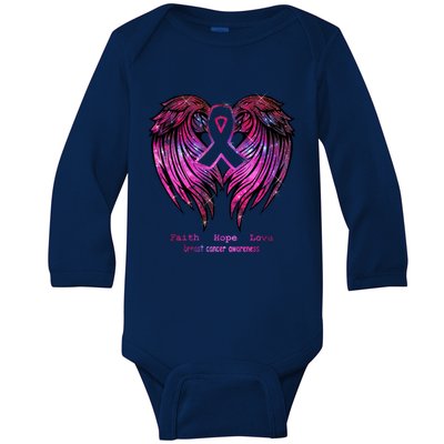 Breast Cancer Faith Hope Love Wings Great Gift Awareness (Back) Funny Gift Baby Long Sleeve Bodysuit