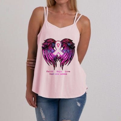 Breast Cancer Faith Hope Love Wings Great Gift Awareness (Back) Funny Gift Women's Strappy Tank