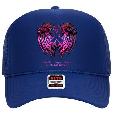 Breast Cancer Faith Hope Love Wings Great Gift Awareness (Back) Funny Gift High Crown Mesh Back Trucker Hat