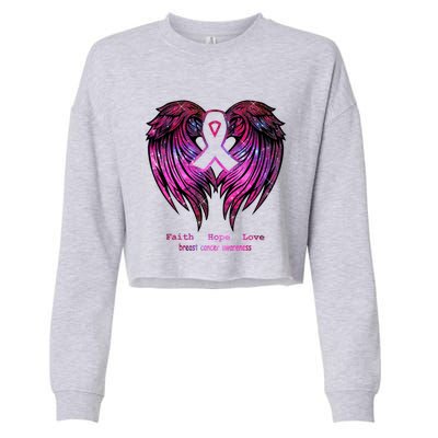 Breast Cancer Faith Hope Love Wings Great Gift Awareness (Back) Funny Gift Cropped Pullover Crew