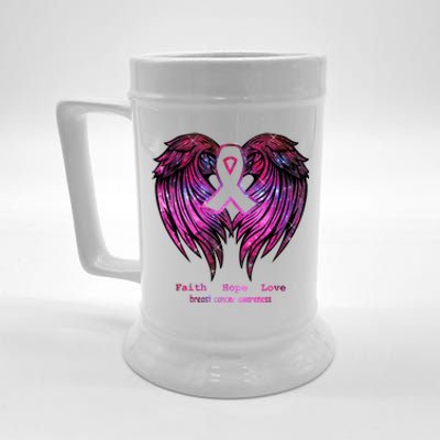 Breast Cancer Faith Hope Love Wings Great Gift Awareness (Back) Funny Gift Beer Stein