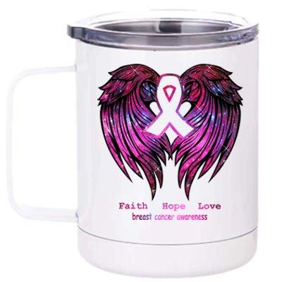 Breast Cancer Faith Hope Love Wings Great Gift Awareness (Back) Funny Gift 12 oz Stainless Steel Tumbler Cup