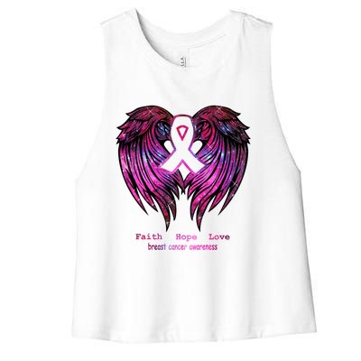 Breast Cancer Faith Hope Love Wings Great Gift Awareness (Back) Funny Gift Women's Racerback Cropped Tank