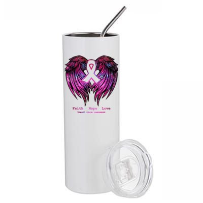 Breast Cancer Faith Hope Love Wings Great Gift Awareness (Back) Funny Gift Stainless Steel Tumbler