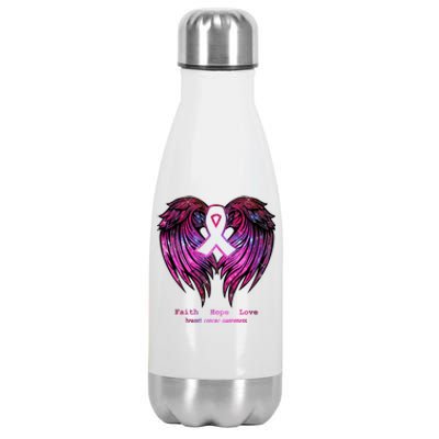 Breast Cancer Faith Hope Love Wings Great Gift Awareness (Back) Funny Gift Stainless Steel Insulated Water Bottle