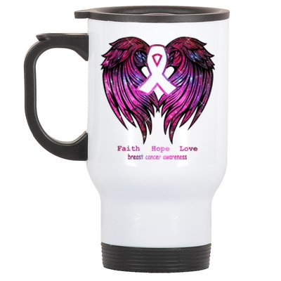 Breast Cancer Faith Hope Love Wings Great Gift Awareness (Back) Funny Gift Stainless Steel Travel Mug