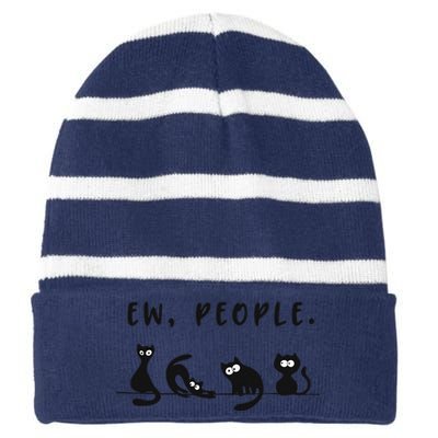 Black Cat Funny Ew People Meowy Cat Lovers Striped Beanie with Solid Band