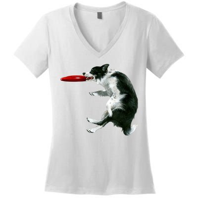 Border Collie Frisbee Graphic Sheepdog Print Gift Women's V-Neck T-Shirt