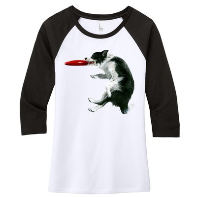 Border Collie Frisbee Graphic Sheepdog Print Gift Women's Tri-Blend 3/4-Sleeve Raglan Shirt