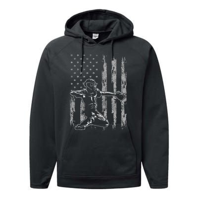 Baseball Catcher For Men Baseball USA Flag Performance Fleece Hoodie