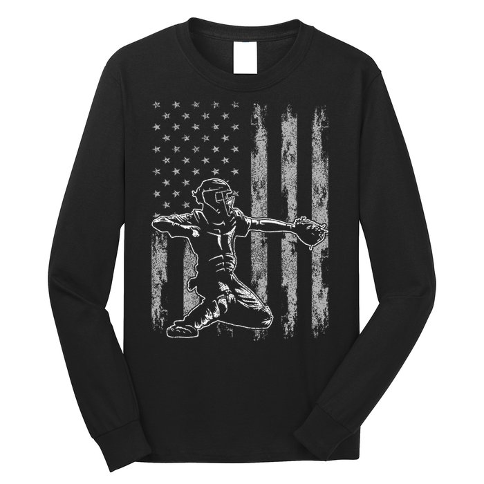 Baseball Catcher For Men Baseball USA Flag Long Sleeve Shirt