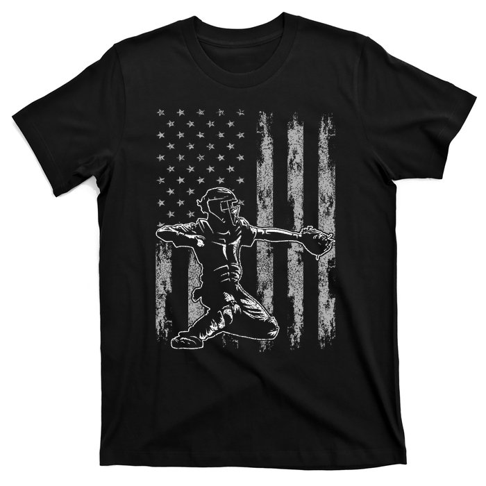 Baseball Catcher For Men Baseball USA Flag T-Shirt