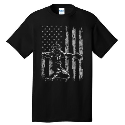 Baseball Catcher For Men Baseball USA Flag Tall T-Shirt