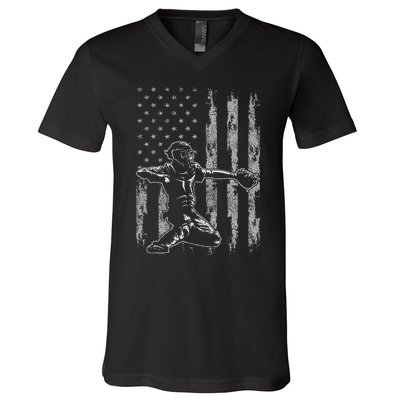 Baseball Catcher For Men Baseball USA Flag V-Neck T-Shirt