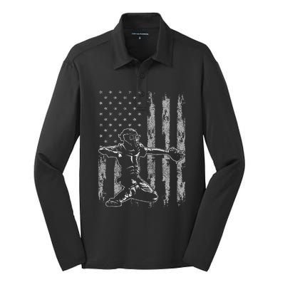 Baseball Catcher For Men Baseball USA Flag Silk Touch Performance Long Sleeve Polo