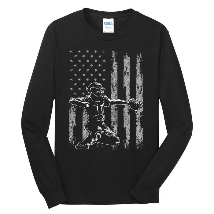 Baseball Catcher For Men Baseball USA Flag Tall Long Sleeve T-Shirt