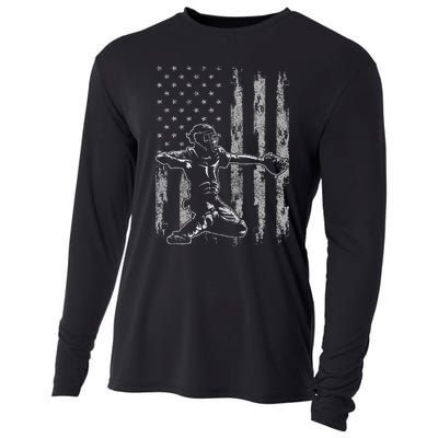 Baseball Catcher For Men Baseball USA Flag Cooling Performance Long Sleeve Crew