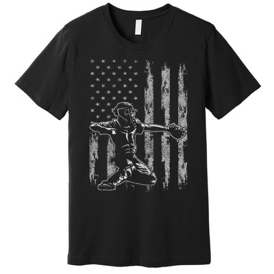 Baseball Catcher For Men Baseball USA Flag Premium T-Shirt