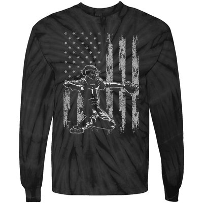 Baseball Catcher For Men Baseball USA Flag Tie-Dye Long Sleeve Shirt