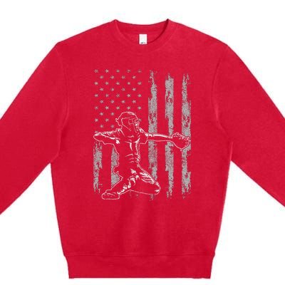 Baseball Catcher For Men Baseball USA Flag Premium Crewneck Sweatshirt