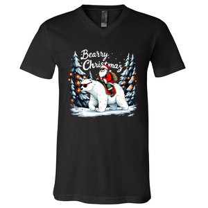 Bearry Christmas Funny Santa Polar Bear Ride Christmas Xmas V-Neck T-Shirt