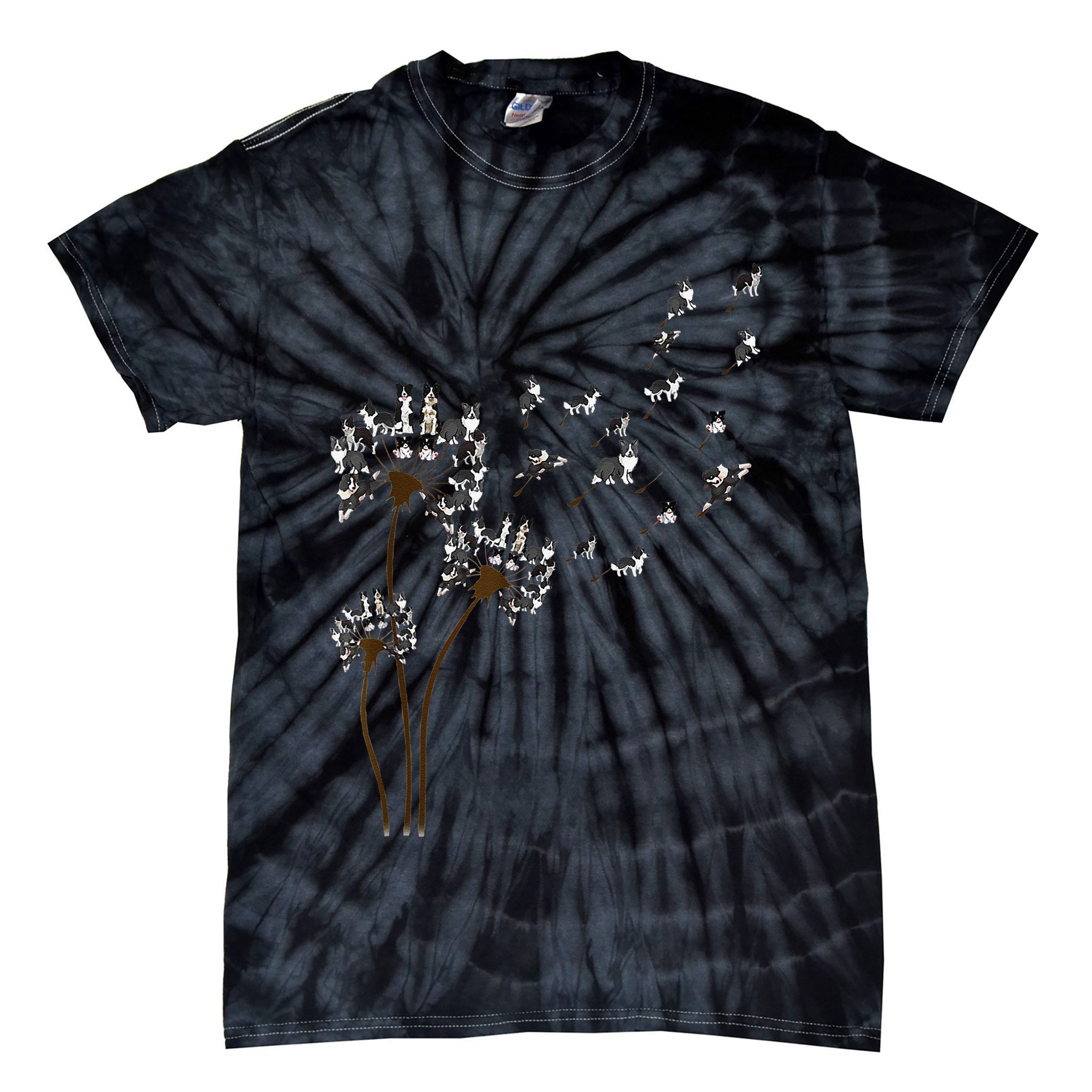 Border Collie Flower Fly Dandelion Funny Dog Tie-Dye T-Shirt