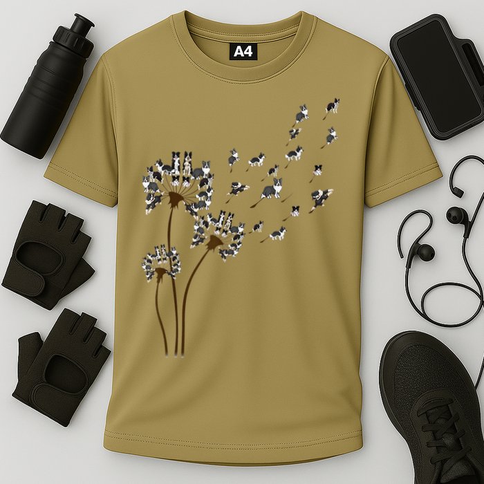 Border Collie Flower Fly Dandelion Funny Dog Cooling Performance Crew T-Shirt