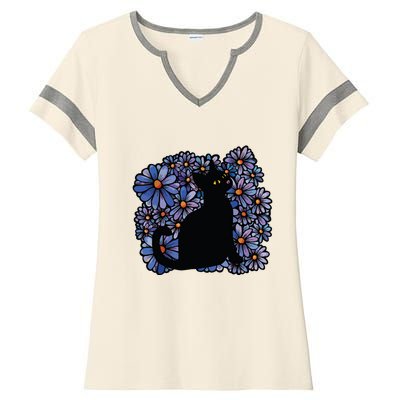 Black Cats Flower Garden Ladies Halftime Notch Neck Tee