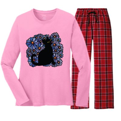 Black Cats Flower Garden Women's Long Sleeve Flannel Pajama Set 