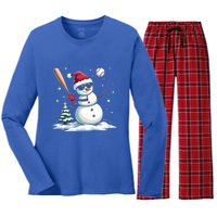 Baseball Christmas Funny Snow Playing Baseball Xmas Gift Women's Long Sleeve Flannel Pajama Set 