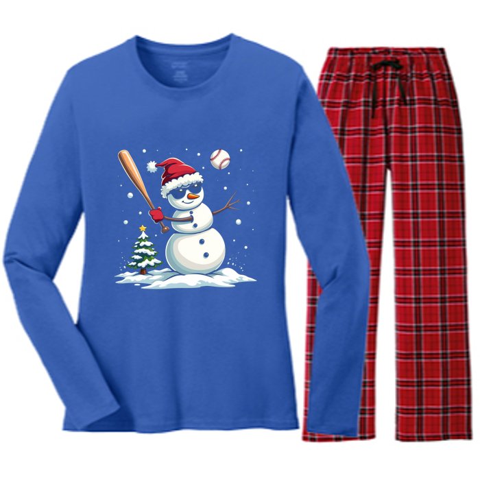 Baseball Christmas Funny Snow Playing Baseball Xmas Gift Women's Long Sleeve Flannel Pajama Set 