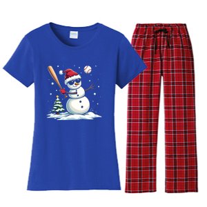 Baseball Christmas Funny Snow Playing Baseball Xmas Gift Women's Flannel Pajama Set