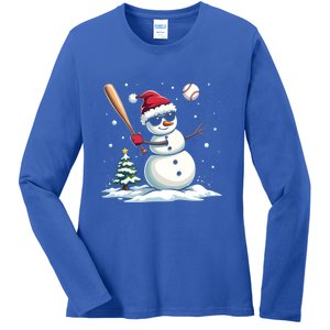 Baseball Christmas Funny Snow Playing Baseball Xmas Gift Ladies Long Sleeve Shirt