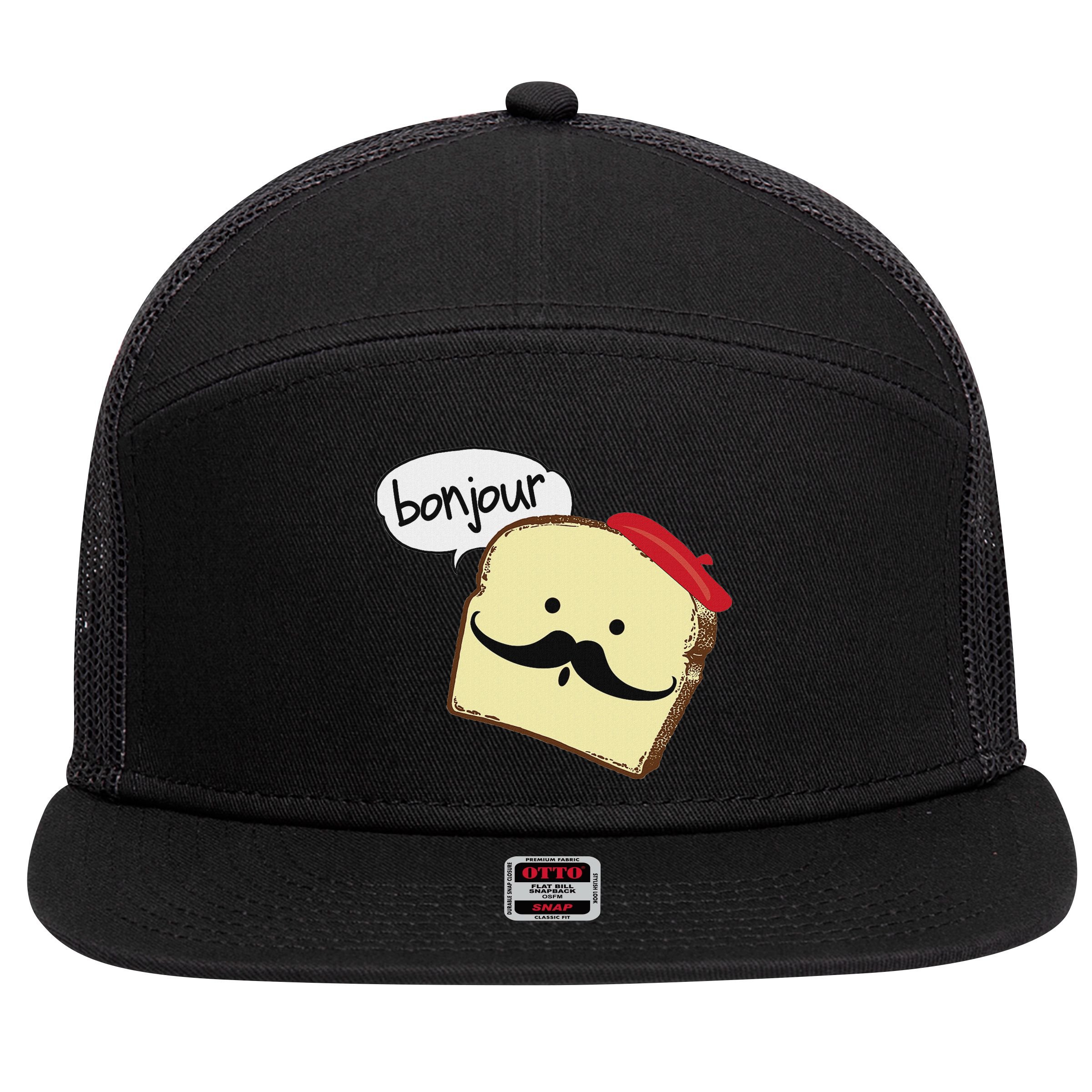 Bonjour Cute French Toast Funny Love France Foodie Humor 7 Panel Mesh Trucker Snapback Hat