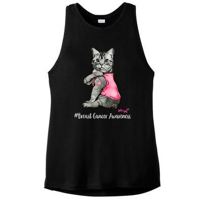 Breast Cancer Funny Cat Pink Ribbon In October We Wear Pink Gift Ladies PosiCharge Tri-Blend Wicking Tank