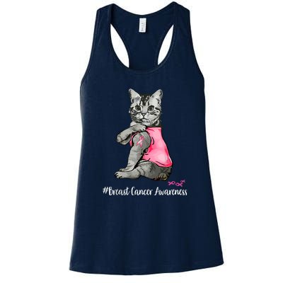 Breast Cancer Funny Cat Pink Ribbon In October We Wear Pink Gift Women's Racerback Tank