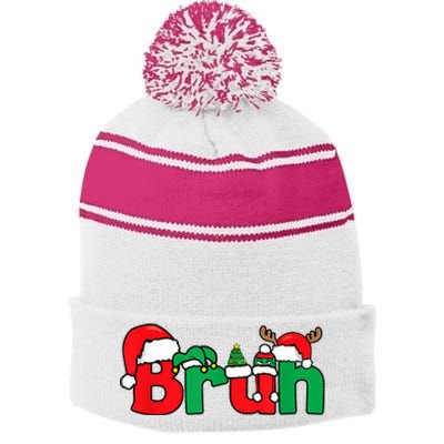 Bruh Christmas Funny Xmas Pajama Stripe Pom Pom Beanie