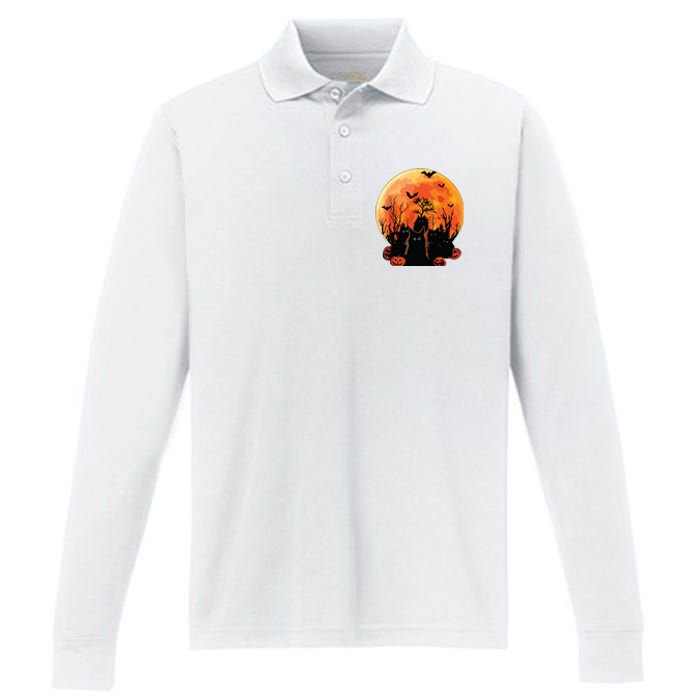 Black Cats Full Moon Funny Animal Pet Lover Halloween Performance Long Sleeve Polo