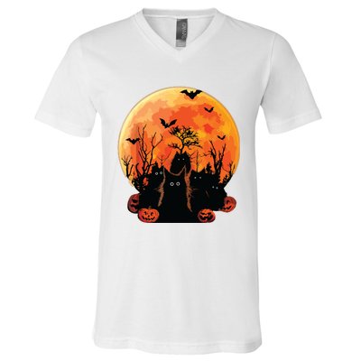 Black Cats Full Moon Funny Animal Pet Lover Halloween V-Neck T-Shirt