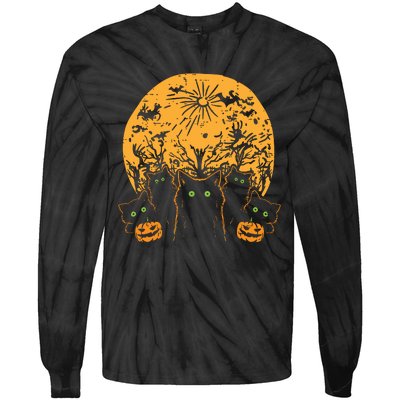 Black Cats Full Moon Halloween Animal Pet Women Tie-Dye Long Sleeve Shirt